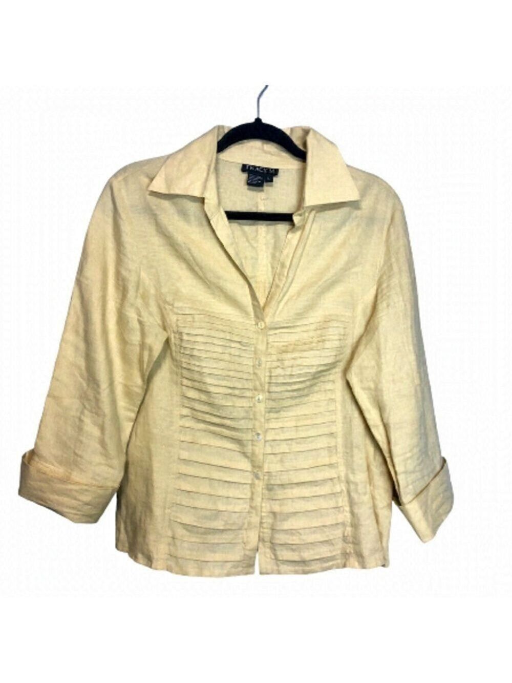 Tracy M Yellow/Tan Linen Button Down Shirt, Size L